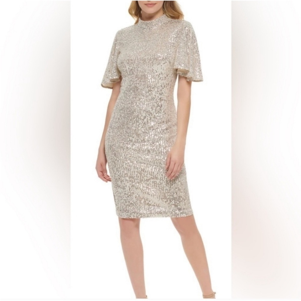 Eliza J Silver Sequin Flutter Sleeve Mock Neck Dress Women’s Sz 14 NWT Holiday